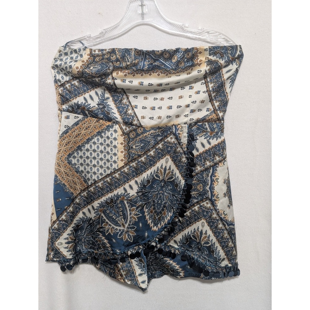 Fashion Nova Blue Paisley Scarf Print Strapless Sequin Fringe Romper